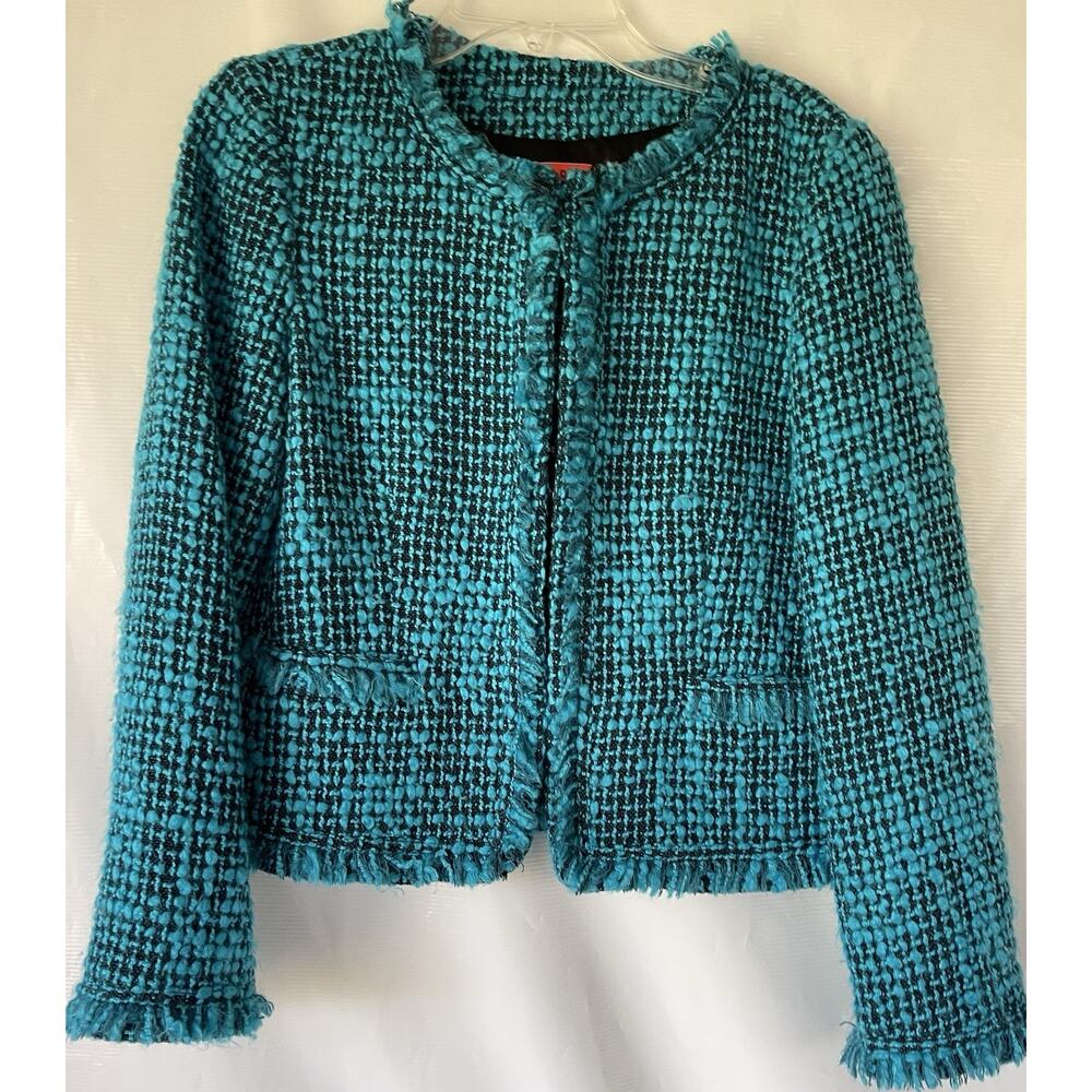 Alice + Olivia Turquoise Blue Black Tweed Evening Jacket Fringe Wool Blend S